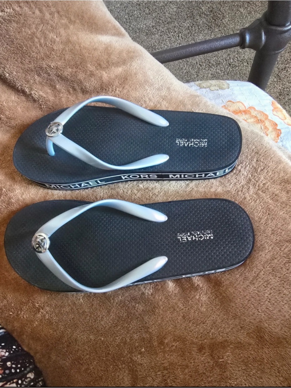 Michael Kors Black Flip Flops with Light Blue Straps